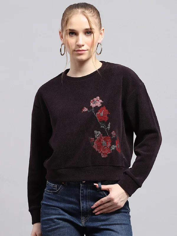 Women Maroon Printed Round Neck Full Sleeve Sweatshirt