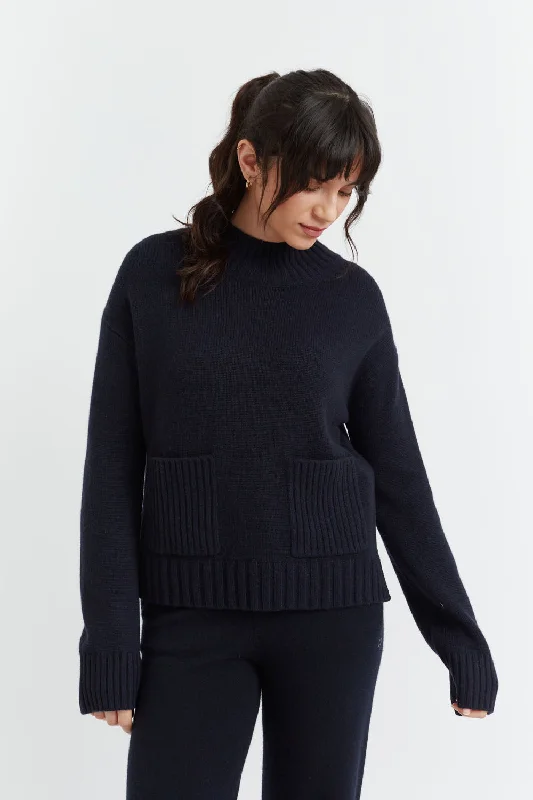 Navy Cashmere Patch Pocket Sweater