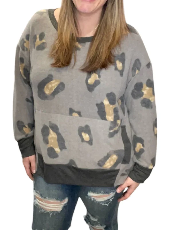 Leopard Kangaroo Pocket Sweater In Charcoal