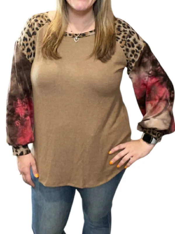 Leopard Tie Dye Puff Sweater In Brown