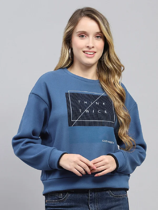 Women Blue Printed Round Neck Full Sleeve Sweatshirt