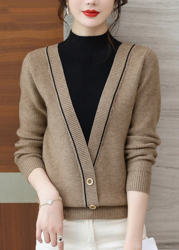 Chic Khaki Half Hign Neck False Two Pieces Knit Sweater Tops Fall