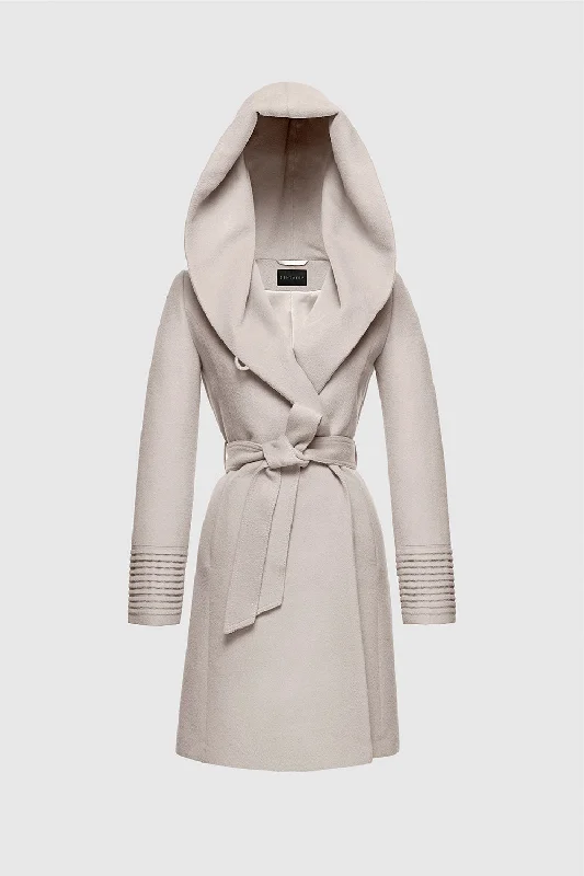 Stretch Design Baby Alpaca Mid Length Hooded Wrap Coat