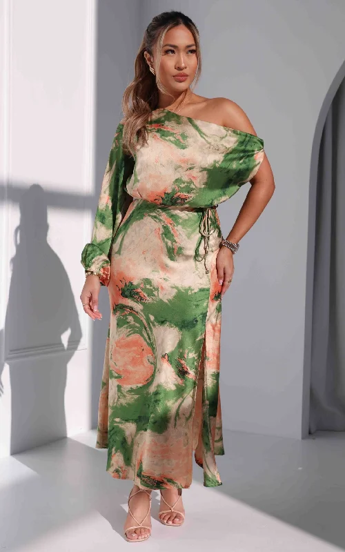 High-end Wear Martisha Long Sleeve Maxi Dress - Green Peach Multi Print