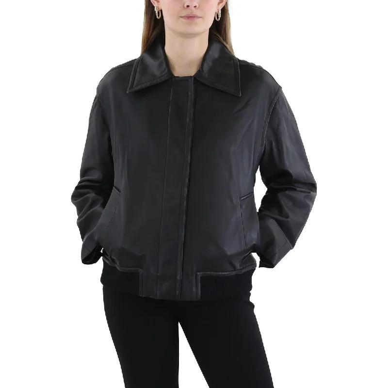 Outdoor Trend Womens Solid Lambskin Leather Bomber Jacket