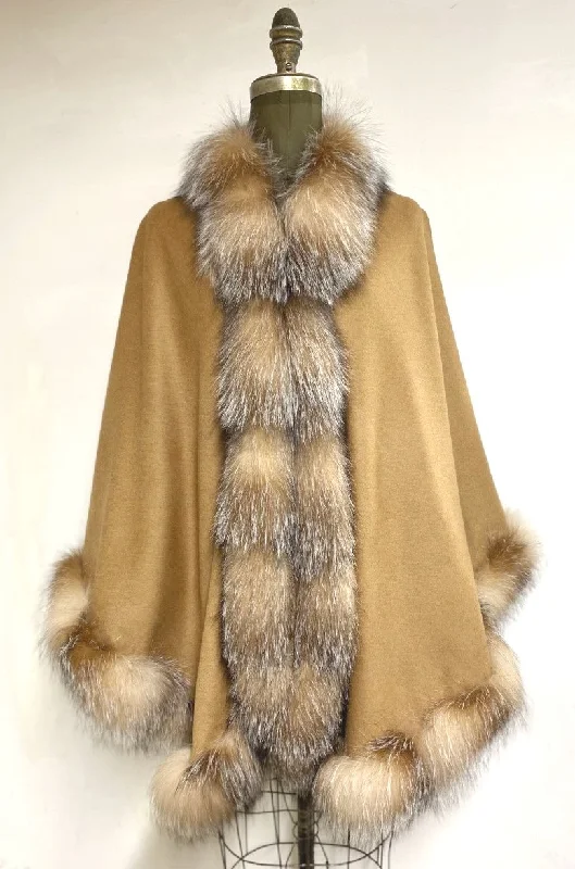 Casual Style Vanessa Wrap Cape -  Cashmere & Wool Blend-Genuine Fox Trim All Around Edge