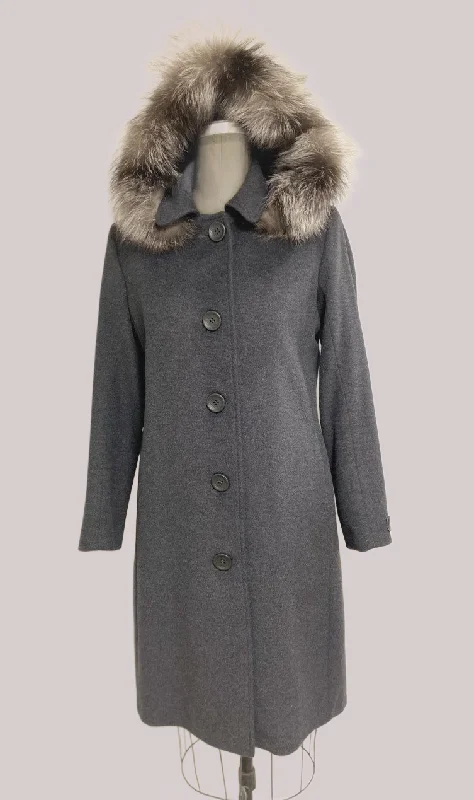Exquisite Embroidery Carolina Classic Coat - 50% Cashmere & Wool Blend -Detachable Fox Hood