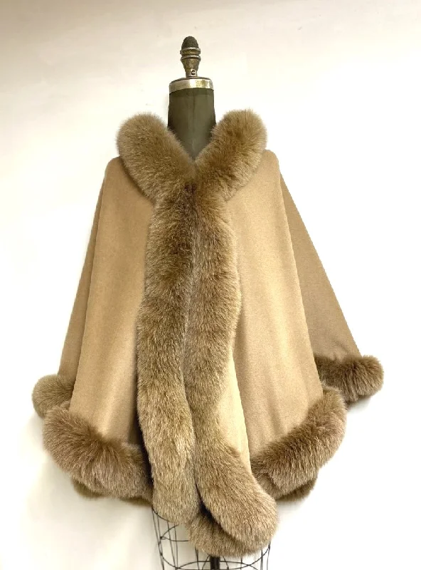 High-end Design Vanessa Wrap Cape -  Cashmere & Wool Blend-Genuine Fox Trim All Around Edge