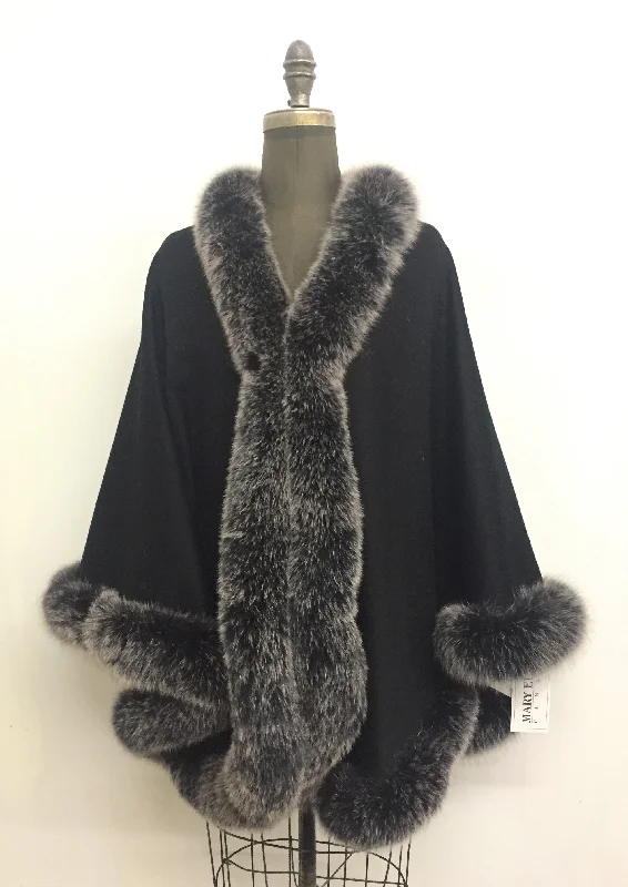 Cute Style Vanessa Wrap Cape -  Cashmere & Wool Blend-Genuine Fox Trim All Around Edge
