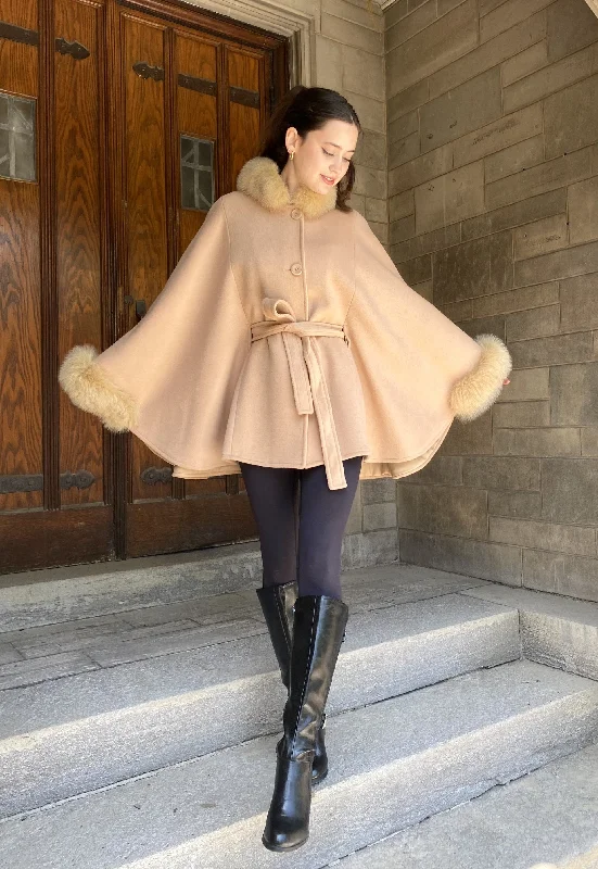 Fresh And Natural Maria Belted Cape  -  Cashmere & Wool Blend - Fox Trim