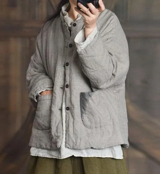 Women Solid Color Padded Retro Linen Coat