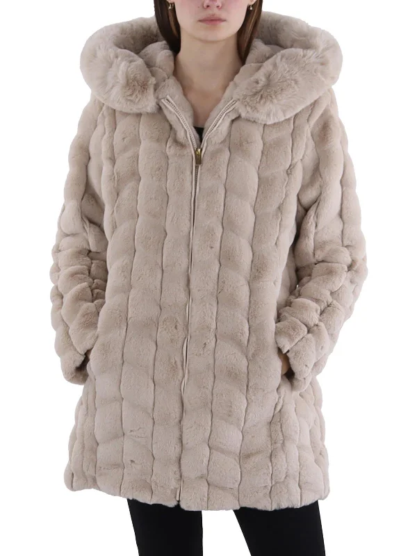 Womens Faux Fur Hooded Faux Fur Coat