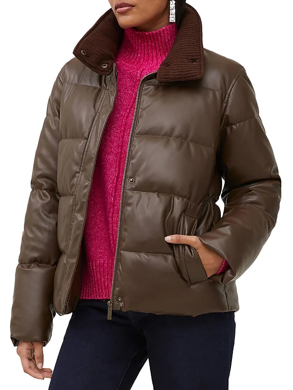 Womens Faux Leather Warm Puffer Jacket