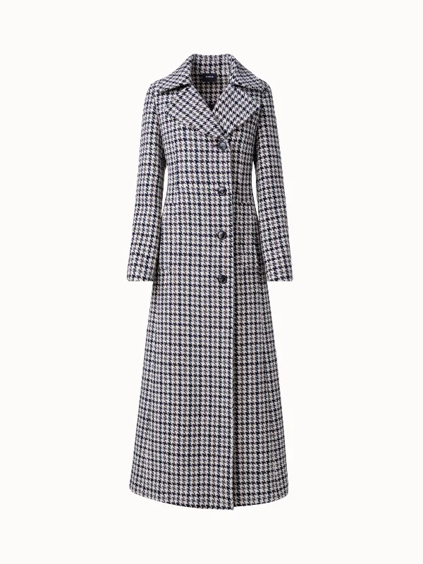 Wool Long Coat with Houndstooth Pattern