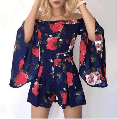 OFF-THE-SHOULDER FLORAL ROMPER WITH FLARE SLEEVES