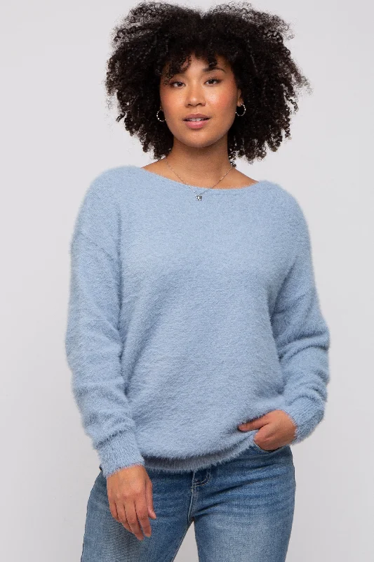 Blue Fuzzy Knit Boat Neck Sweater