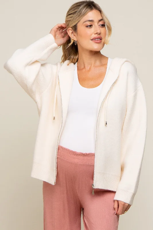 Cream Zip Up Hooded Maternity Cardigan