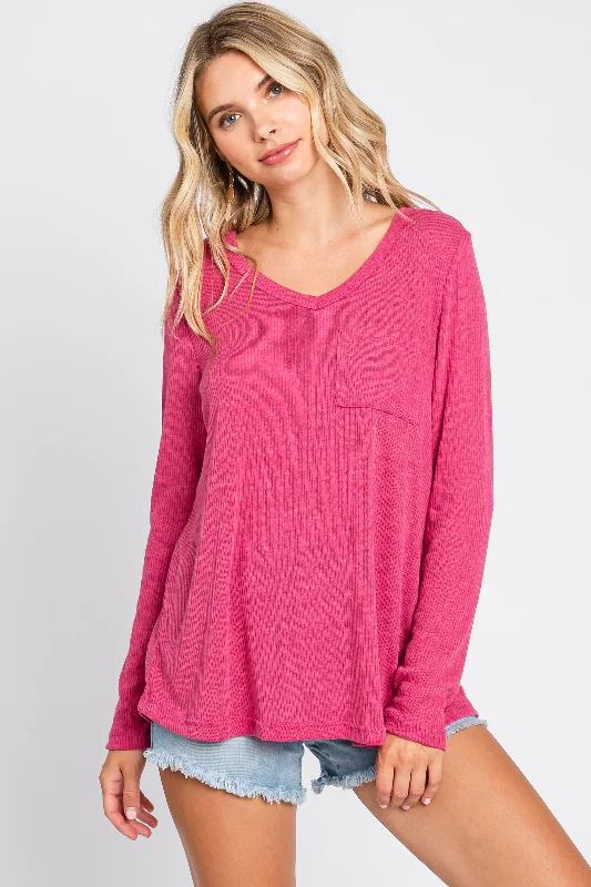 Fuchsia Ribbed Knit Long Sleeve Top