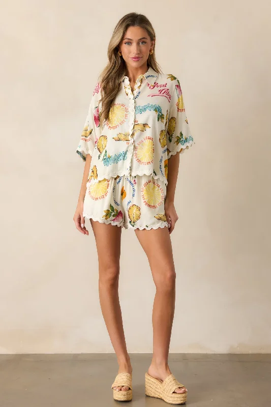 Sunlit Shores Ivory Tropical Fruit Print Shorts