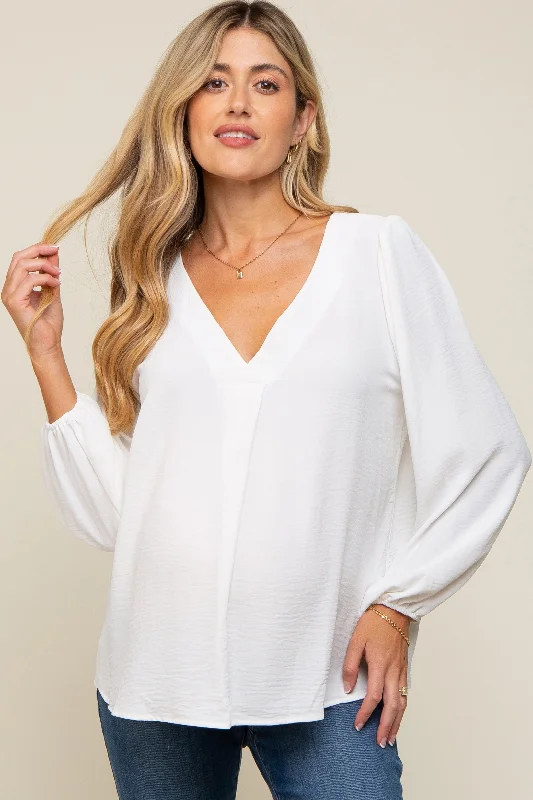 White Long Puff Sleeve Maternity Blouse Top