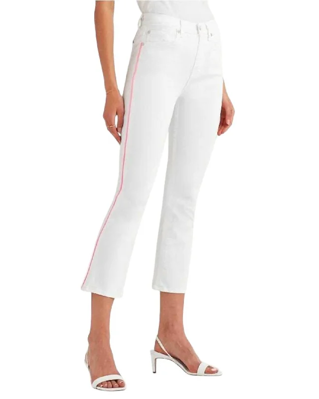 High Rise Flare Crop Pink Piping Jeans In White