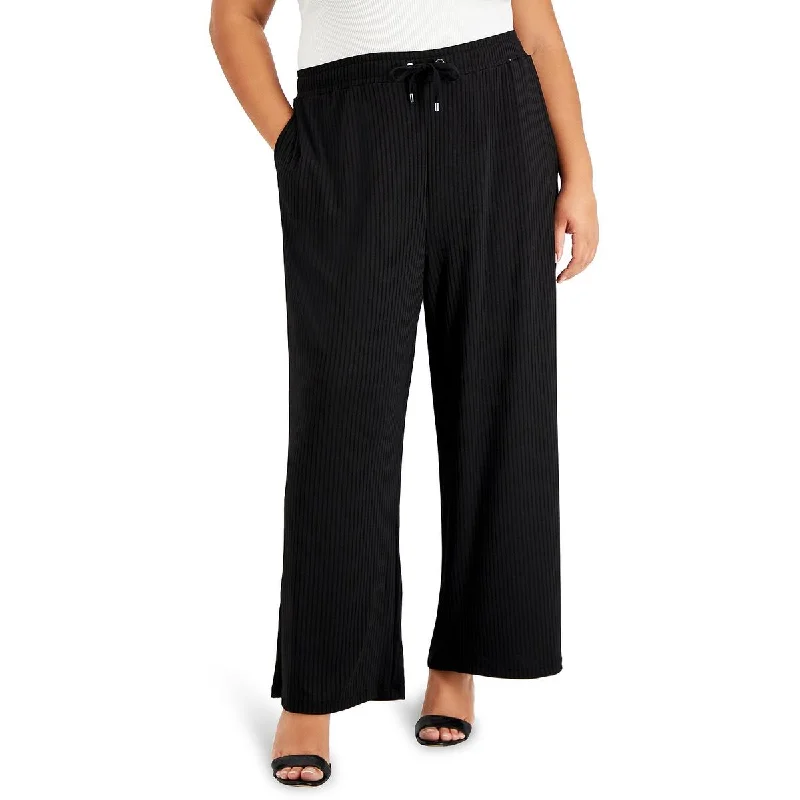 Plus Womens Ribbed Knit Wide Leg Pants